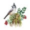 Forest bird on the mossy stump nature image. Watercolor realistic illustration. Hand drawn wildlife scene. Crested tit