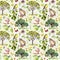 Forest: bird, rabbit, tree, leaves, flowers and grass. Seamless pattern. Watercolour