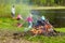 Forest bonfire. Having fun at a camp site with family and friends