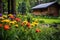 forest cabin with beautiful flower garden