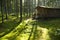 Forest Cabin on Sunny Morning