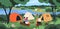 Forest camp scene with tents, river and campers around campfire. Summer landscape with people resting campsite outdoors