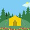 Forest camp with tent. Camping site with flower field. Hiking, summer tourism concept. Vector flat design