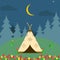Forest camp with tent. Camping site at night. Hiking, summer tourism concept. Vector flat design