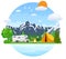 Forest camping landscape with rv traveler bus in flat design.