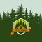 Forest camping logo emblem or label on background with green fir-trees forest.