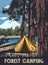Forest Camping poster retro, camping outdoor travel. Tourism hiking summer forest, vector iluustration