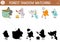 Forest or camping shadow matching activity with cute animals. Family nature trip puzzle with birds, raven with map, seagull with