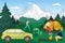 Forest camping on vacation, tourism in summer, hiking with tent in mountains flat vector illustration. Hiking and