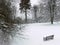 Forest clearing with lonely and empty park bench after snowfall