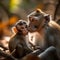 Forest companionship Young macaque and mother sitting peacefully in nature