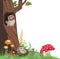 Forest Corner Design Element with Owl Hedgehog and Mushrooms Cartoon Illustration