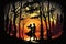 forest with dancing tango couple silhouetted against the sunset