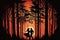 forest with dancing tango couple silhouetted against the sunset