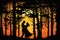 forest with dancing tango couple silhouetted against the sunset