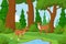 Forest deers in landscape of summer glade in thicket, flat vector illustration.