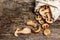 Forest dried edible mushrooms in a linen sack