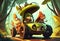 Forest dwellers ride racing cars in cartoon style. AI Generated