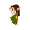 Forest elf boy in green clothes with wooden staff, cute fairytale magic character vector Illustration on a white