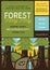Forest family party flyer A4 format. Camping Adventure poster graphic design with forest and cabin and text. Stock