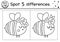 Forest find differences game for children with cute bumblebee. Woodland black and white activity and coloring page with insect.