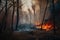 Forest fire in the autumn forest. The concept of natural disaster. forest fire with trees on fire firefighters trying to stop the