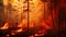 Forest fire. Burning pine trees in the forest. Natural disaster. Burning forest, fire and smoke in the evening. Conceptual image,