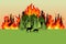 Forest fire. Colorful burning mixed forest and sihouette of deer. Green deciduous and coniferous trees on fire background. Flat