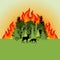 Forest fire. Colorful burning mixed forest and sihouette of deer. Green deciduous and coniferous trees on fire background. Flat