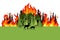 Forest fire. Colorful burning mixed forest and sihouette of deer. Green deciduous and coniferous trees on whit background. Flat