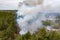 Forest fire in the coniferous forest, aerial view. The human factor that caused the disaster. Shooting from the drone