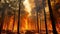 Forest fire many acres of pine trees burn down during. Generative AI.