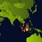 Forest fires banner, fire place on map, disaster in indonesia news, paper that burns smokes and smolders from fire
