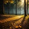 Forest floor of colorful green, brown, yellow, golden leaves. Dark atmospheric landscape. Autumn colors. Nature,