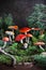 Forest fly agarics on green moss with fern and pine branches. Decorative composition made of amanita