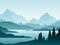 Forest foggy landscape flat vector illustration. Nature scenery with fir trees and hill peaks silhouettes on horizon