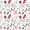 Forest and garden seamless pattern, floral background. Greens. Botanical illustration linden seeds, rose hips, dill seeds, cone