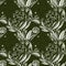 Forest green country floral blockprint linen seamless pattern. Allover print of French cottage interior cotton effect