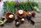 The forest harvest at the autumn. Herbs and mushrooms on the wood table background