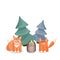 Forest inhabitants under the Christmas trees on a white background.