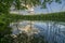 Forest lake in the evening, reflected in the water surface of the sky with clouds and trees