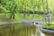 A forest lake surrounded by trees in a beautiful park, framed by cobblestone shores in the rays of soft light