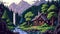 Forest lake wooden cabin in pixel art