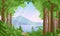 Forest landscape flat vector illustration. Woodland scenery, wildlife panorama, lake and mountains, hilly terrain scene