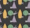 Forest landscape flock of birds. Surrounding forest landscape. Seamless vector pattern in pastel colors on dark background.