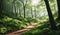 Forest landscape. Mysterious green forest. Impressive nature background. Generative AI.