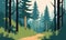 Forest landscape with road in the forest. illustration in flat style.