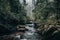 Forest landscape, you can see trees, a stream, rocks and a hica with your dog on a wooden bridge in the middle of the forest