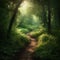 forest leaf path wood summer pathway green tree nature landscape. Generative AI.