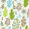 Forest leaves seamless vector pattern. Spring or summer nature background in colors of blue, green, beige and white